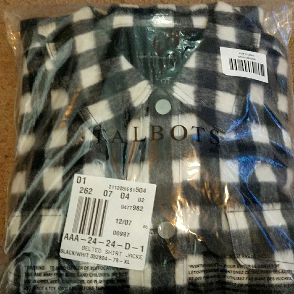 TALBOTS BELTED SHIRT JACKET BLACK/WHITE